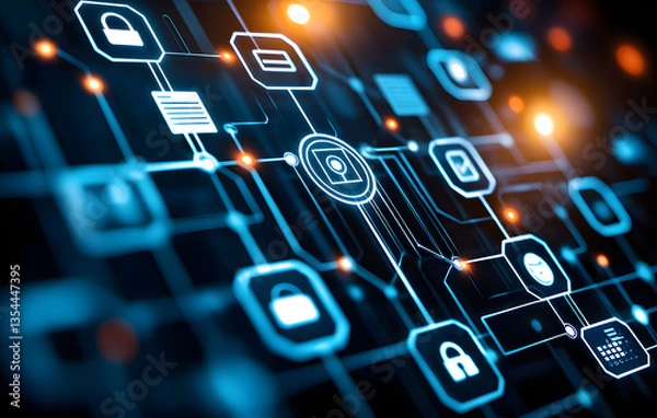 Fototapeta Digital network with interconnected icons representing security, data, and technology. abstract design features glowing lines and nodes, conveying sense of connectivity and modernity