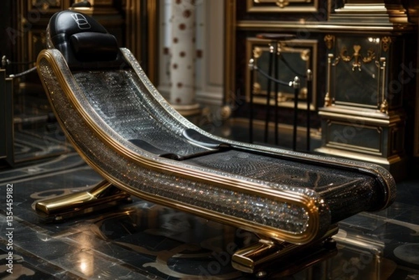 Fototapeta The Golden Relaxation: An opulent relaxation bed, crafted with intricate gold detailing, sits regally in a room with classic design elements. This luxurious setting exudes elegance and comfort.