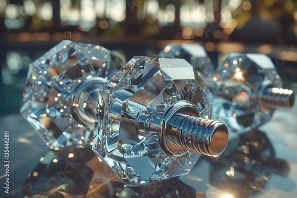 Fototapeta Sparkling Crystal Dumbbells: Captivating image of crystal dumbbells showcasing sharp reflections and the precision of craftsmanship, presenting a striking balance between luxury and fitness.