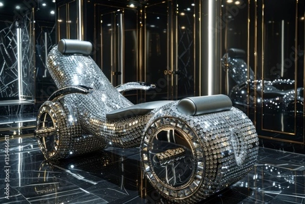 Fototapeta Glamorous Luminescence: A futuristic, eye-catching lounge chair covered in sparkling mirrored tiles, exuding opulence and modern design, a testament to luxury and innovative interior styling.