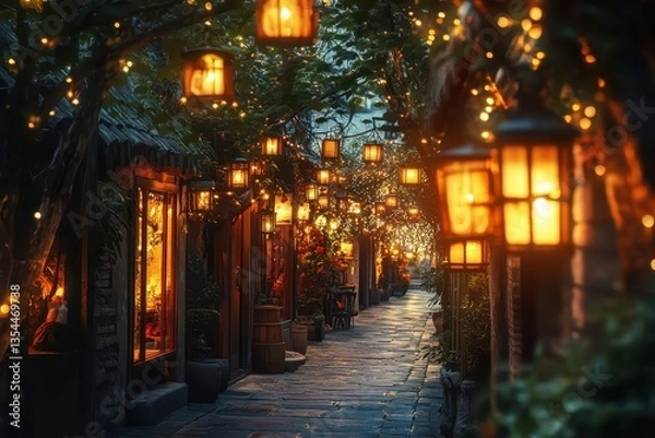 Fototapeta A cozy street lit by warm lamps, as the golden light from the setting sun meets the cooler tones of the approaching night, creating a serene and atmospheric scene