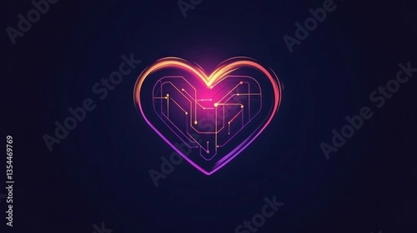 Fototapeta Glowing Circuit Heart, Abstract, Dark Background, Love Tech