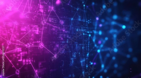 Obraz Abstract futuristic network with glowing purple and blue lights depicting tech and data concepts