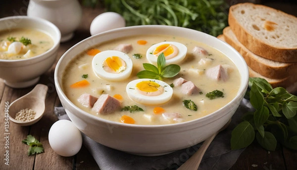 Obraz Traditional Polish Easter soup with egg and white sausage sour soup