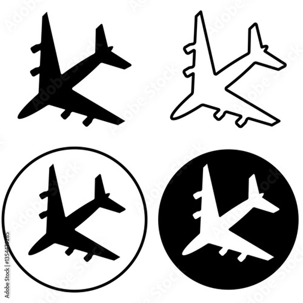 Obraz Set of flat Aeroplane Icons, Airplane silhouette design element, holiday or vacation concept