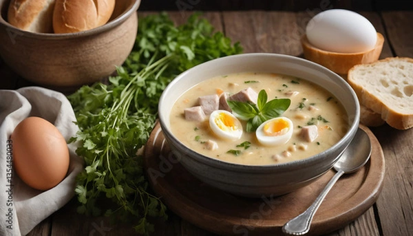 Obraz Traditional Polish Easter soup with egg and white sausage Zurek