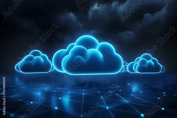 Obraz Glowing blue cloud icons on dark grid, representing cloud computing, digital network, and data storage