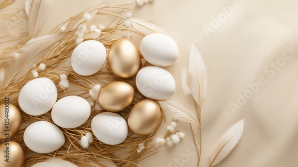 Fototapeta A soft Easter composition with a collection of white and gold eggs nestled among beige feathers, thin golden twigs, and tiny white floral accents, all set against a light beige, silky background.