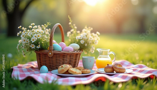 Fototapeta Easter picnic setup with eggs