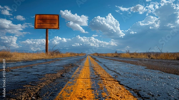 Fototapeta Road to the Horizon: An empty road stretches towards the horizon under a dramatic, cloud-filled sky, with a weathered signpost adding a touch of mystery and anticipation to the open landscape.