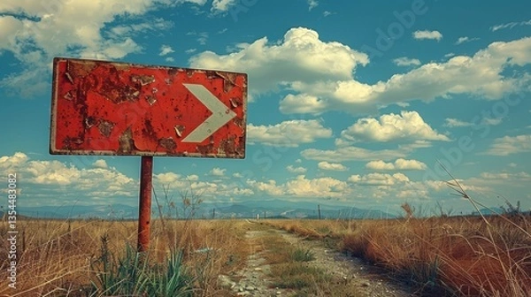 Fototapeta Direction Sign: weathered, directing towards an unseen destination, evokes a sense of journey, transition, and anticipation against a dynamic sky backdrop.