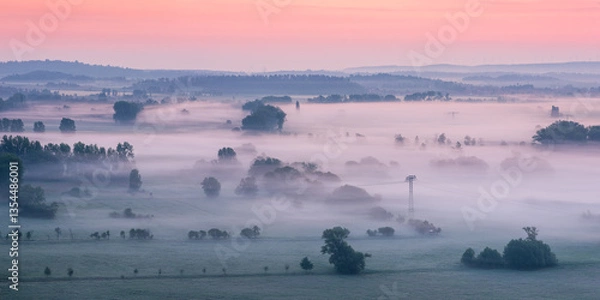 Obraz Panoramic view of typical landscape with foggy fields and forest at sunrise, Harz region, Germany