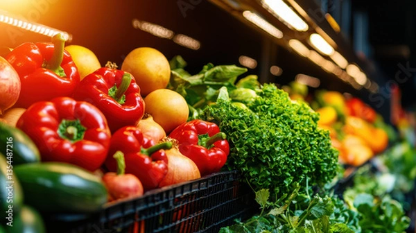 Fototapeta Fresh produce section with vibrant vegetables and fruits, showcasing healthy choices