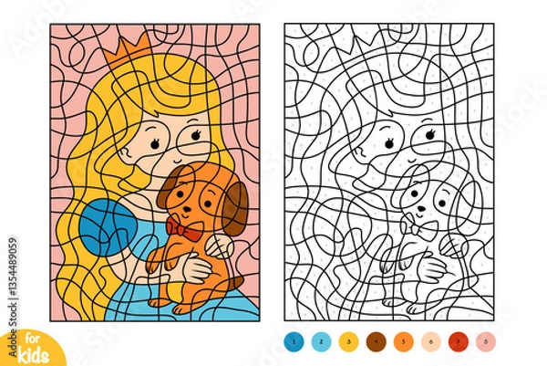 Obraz Princess and cute dog. Color by number, education game for kids