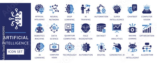 Fototapeta AI icon set. Featuring artificial intelligence, machine learning, automation, neural network, robotics, quantum computing, and more. Perfect for digital, tech, and futuristic designs.