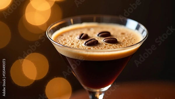 Fototapeta Espresso martini with coffee beans against a blurred background  