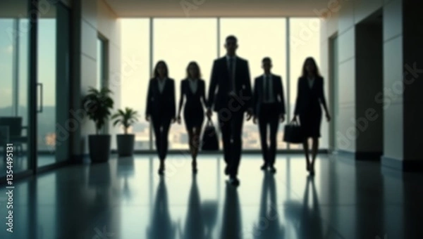 Fototapeta Silhouetted business professionals walk towards the camera in a modern office, backlit by large windows, creating a high-contrast, dynamic, and professional atmosphere.