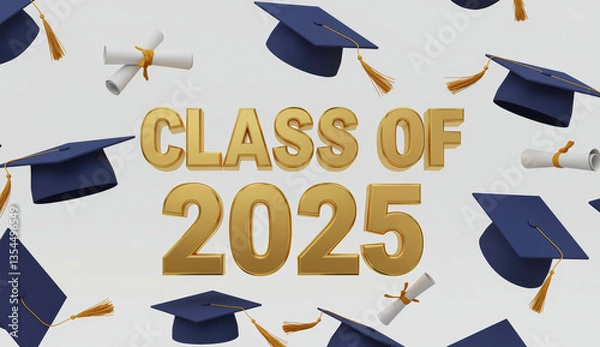 Fototapeta Class of 2025 3d lettering with graduation caps flying around on white background. Graduation banner
