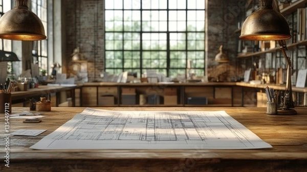 Fototapeta Architectural Design Studio: Blueprint on Wooden Desk in Industrial Loft