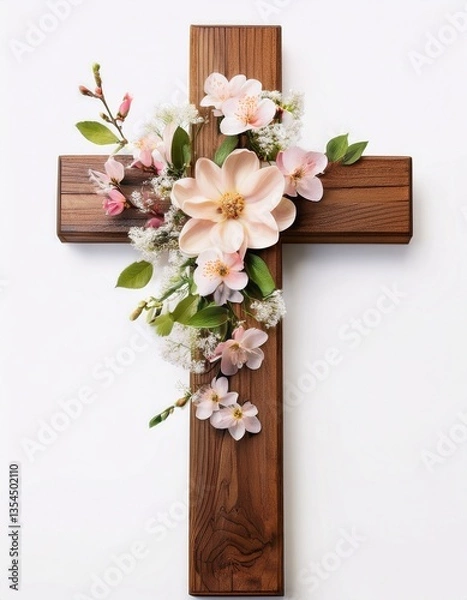 Fototapeta Isolated wooden cross adorned with spring flowers
