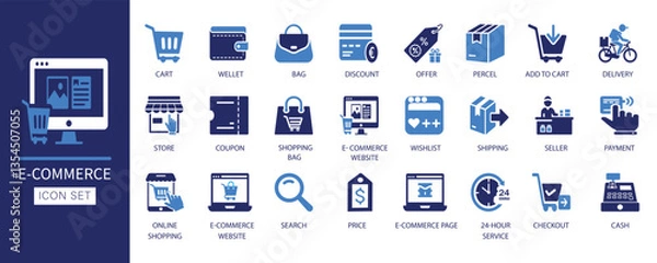 Fototapeta E-commerce icon set.Featuring modern flat vector icons.  Includes shopping cart, payment, delivery, discount, wallet, checkout, store,  shipping, and more. Ideal for websites, apps, and marketing.