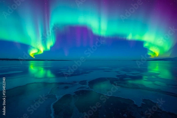Fototapeta Frozen Lake Under a Breathtaking Aurora Borealis, with Rich and Vibrant Colors Reflecting on the Ice, Vibrant Wallpaper