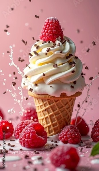 Fototapeta Delicious ice cream cone with raspberry topping on pink background  