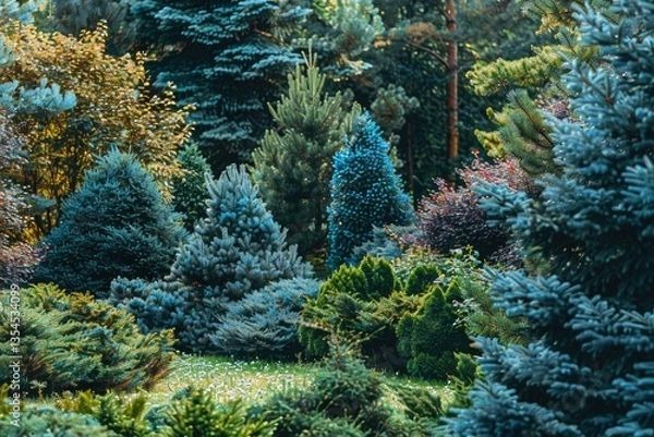 Fototapeta Beautiful Coniferous Garden with Blue Spruces, Fir Trees, Thujas and Junipers Colourful Background