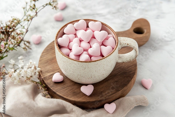 Fototapeta White ceramic cup filled with pink heart-shaped marshmallows on a wooden board with delicate flowers creating a soft and romantic atmosphere on a marble background  