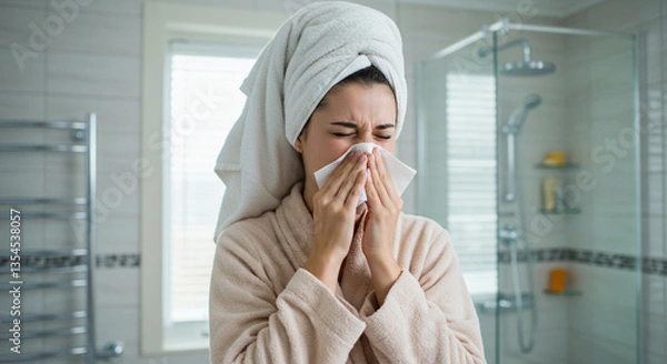 Obraz Sick Woman Blowing Her Nose with a Tissue