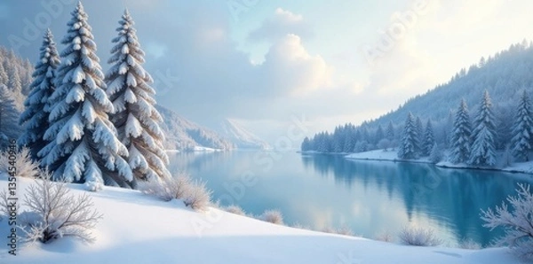 Obraz Frosty landscape with snow-covered trees and a frozen lake in the background , nature, forest, peaceful