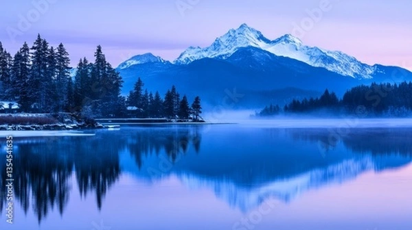 Fototapeta Serene dawn over a tranquil lake reflecting majestic snow-capped mountains and trees