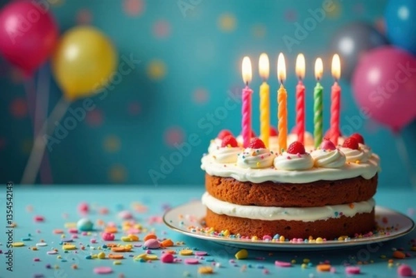 Obraz Happy birthday cake with candles and colorful streamers, colorful, birthday cake