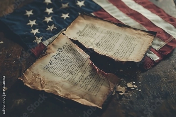 Obraz U.S. Constitution torn in half with US flag next to it