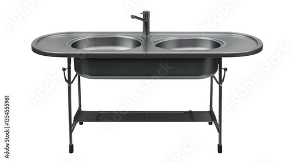 Fototapeta Elegant Double Basin Sink: A sleek, modern double basin sink with a minimalist design, showcased in a studio environment, emphasizing functionality and contemporary style. 