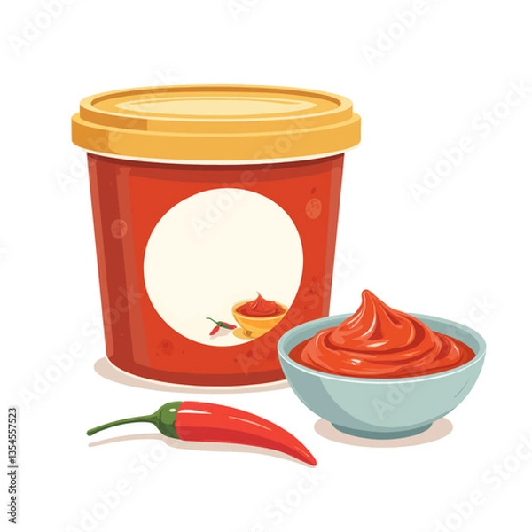 Fototapeta Red Chili Sauce Jar with Empty Label and Small Serving Bowl