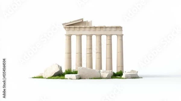 Fototapeta Ancient Greek Temple Model Surrounded by Rocks and Grass