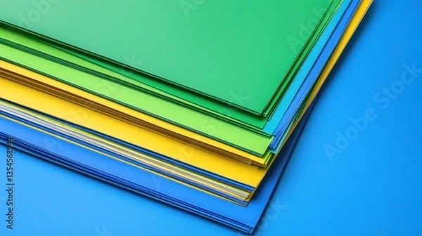 Fototapeta Colorful layered sheets of various vibrant colors, stacked neatly on a vibrant blue surface