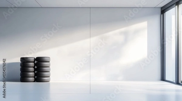 Fototapeta Stack of Car Tires in a Modern White Room with Sunlight Reflection