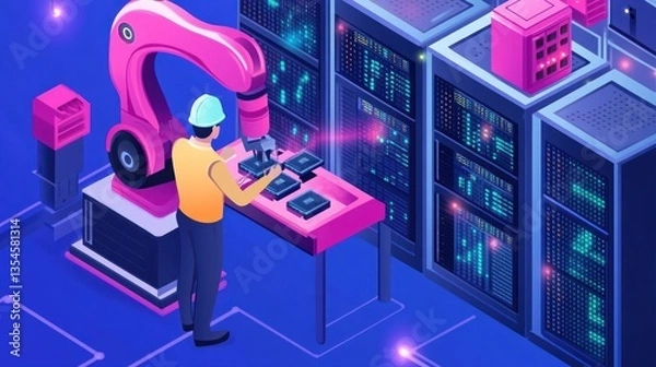 Fototapeta Robotic Worker Assembling Computer Processors in a Data Center