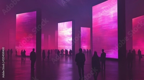 Fototapeta Silhouetted figures observe vibrant pink digital art installations