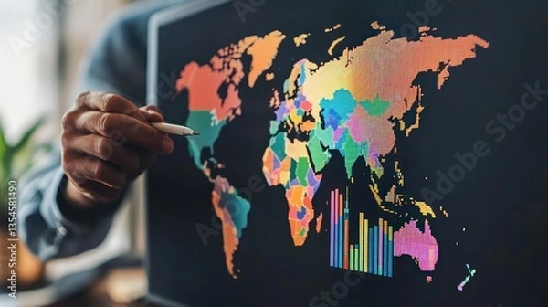 Fototapeta Person analyzing a colorful world map data visualization