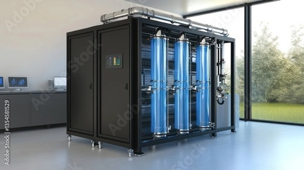 Fototapeta Advanced Technological System with Blue Cylinders in a Modern Room