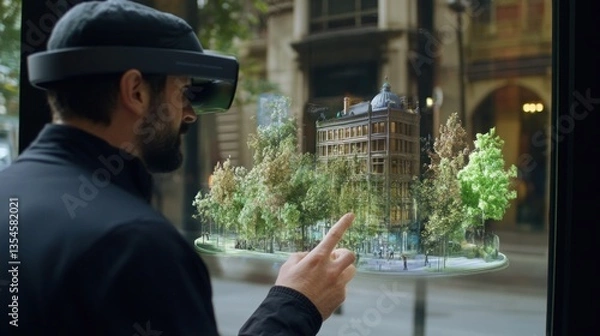 Fototapeta Man uses augmented reality to view building design