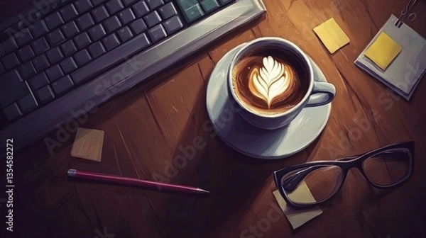 Fototapeta A Latte Art Coffee Beside A Keyboard And Glasses
