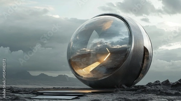 Fototapeta Futuristic metallic sphere structure in desolate landscape