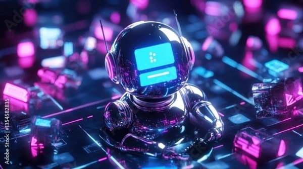 Fototapeta Chrome Robot Working on Neon Digital Interface