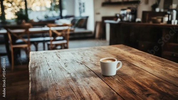 Fototapeta A Latte on a Rustic Wooden Table in a Cafe