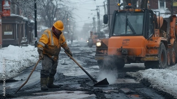 Obraz Worker repairing road surface during winter snow