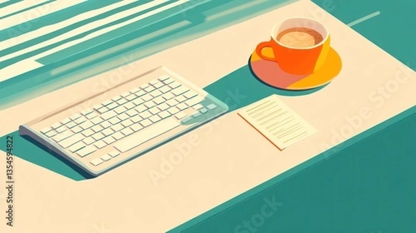 Fototapeta A workspace with keyboard coffee and paper